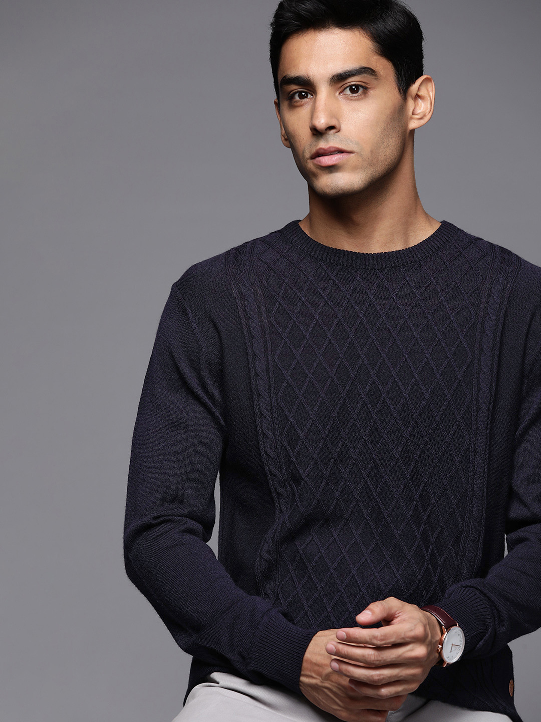 Buy Raymond Men Navy Blue Geometric Cable Knit Woolen Pullover Sweaters for Men 20310604 Myntra