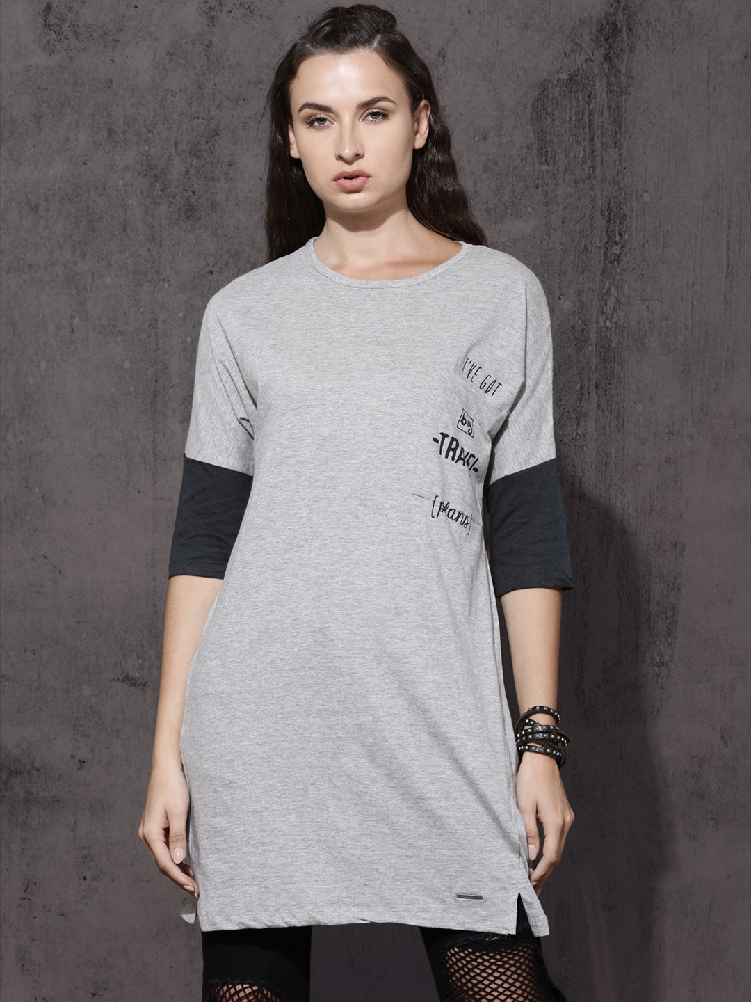 Grey Melange Round Neck Classic Solid T-shirt | Women main image 1