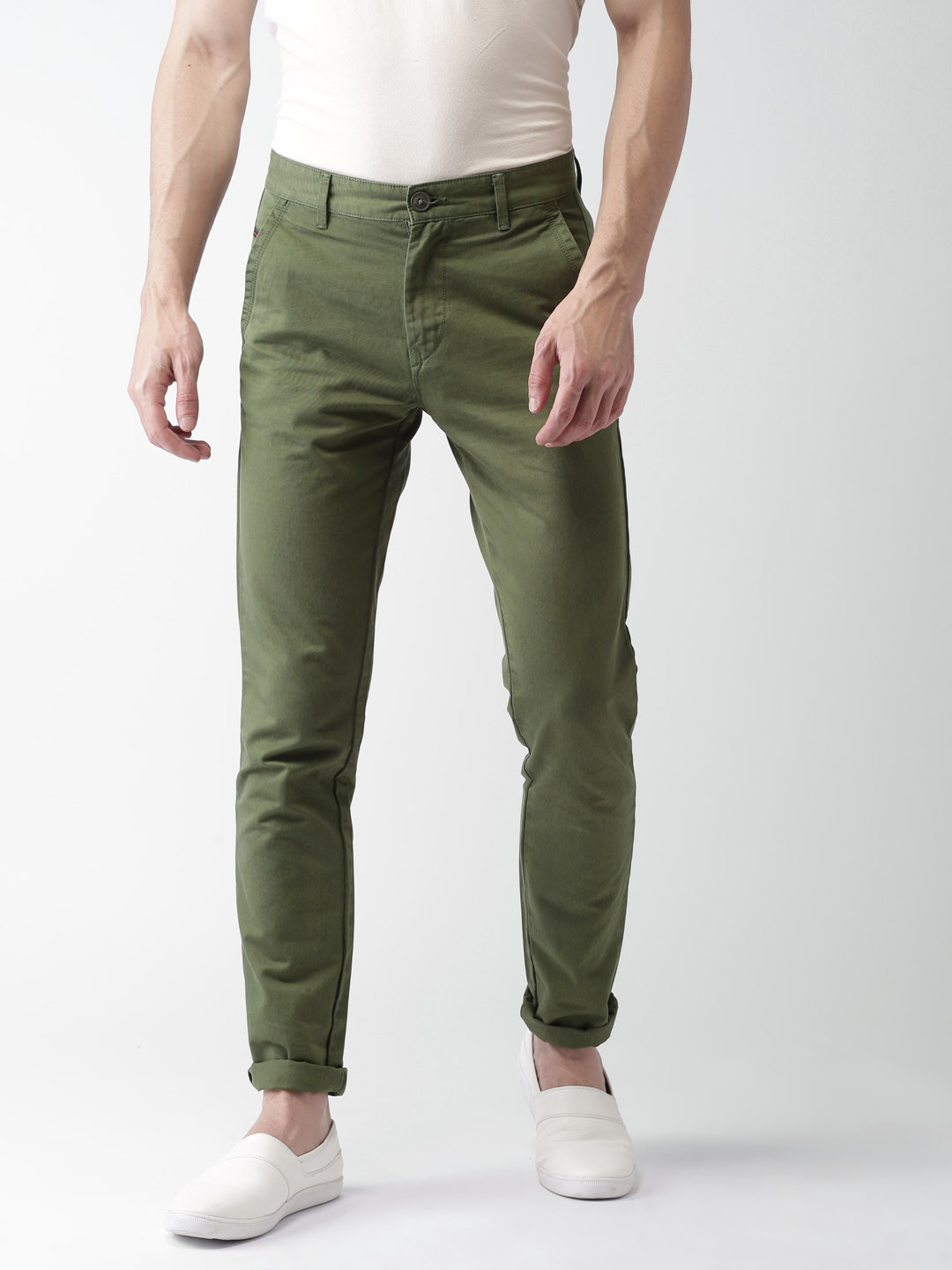 Buy Harvard Men Olive Green Regular Fit Solid Chinos - Trousers for Men ...