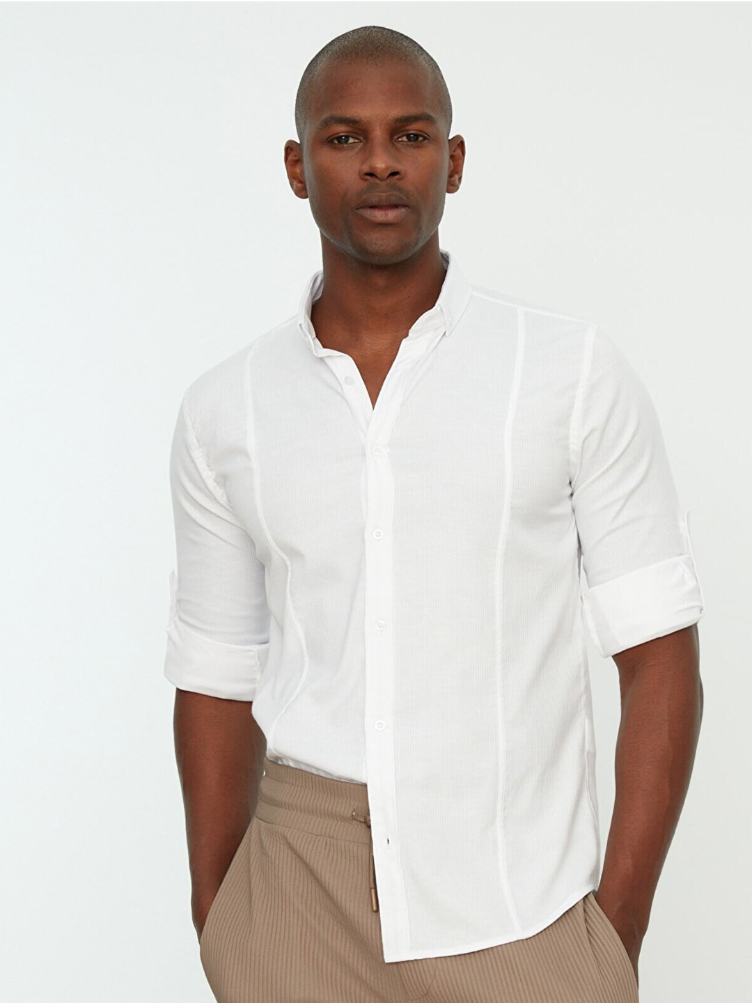 Buy Trendyol Men White Button Down Collar Roll Up Sleeves Casual Shirt