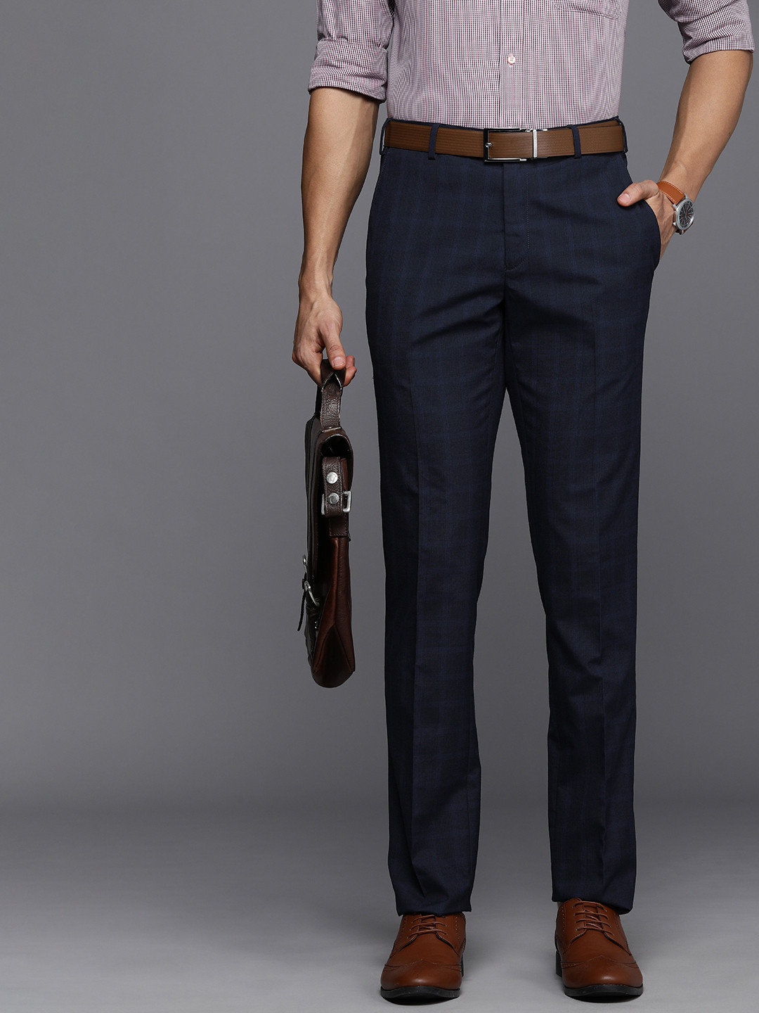 Buy Raymond Men Navy Blue Checked Slim Fit Mid Rise Formal Trousers ...