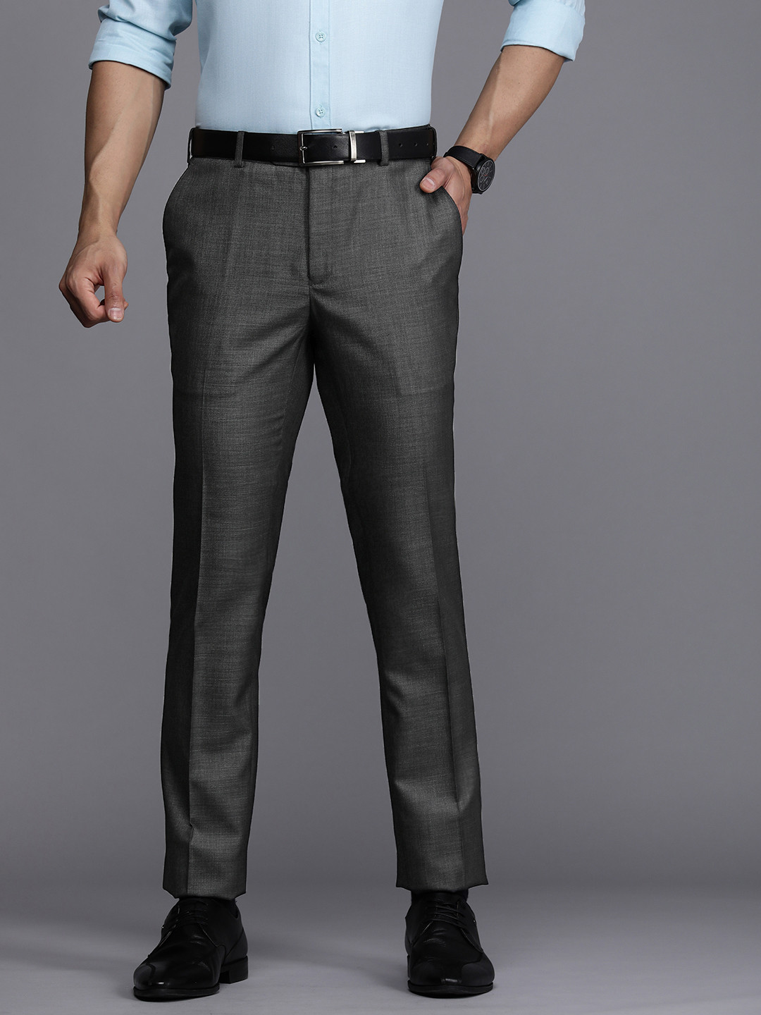 Buy Raymond Men Charcoal Grey Textured Slim Fit Formal Trousers ...