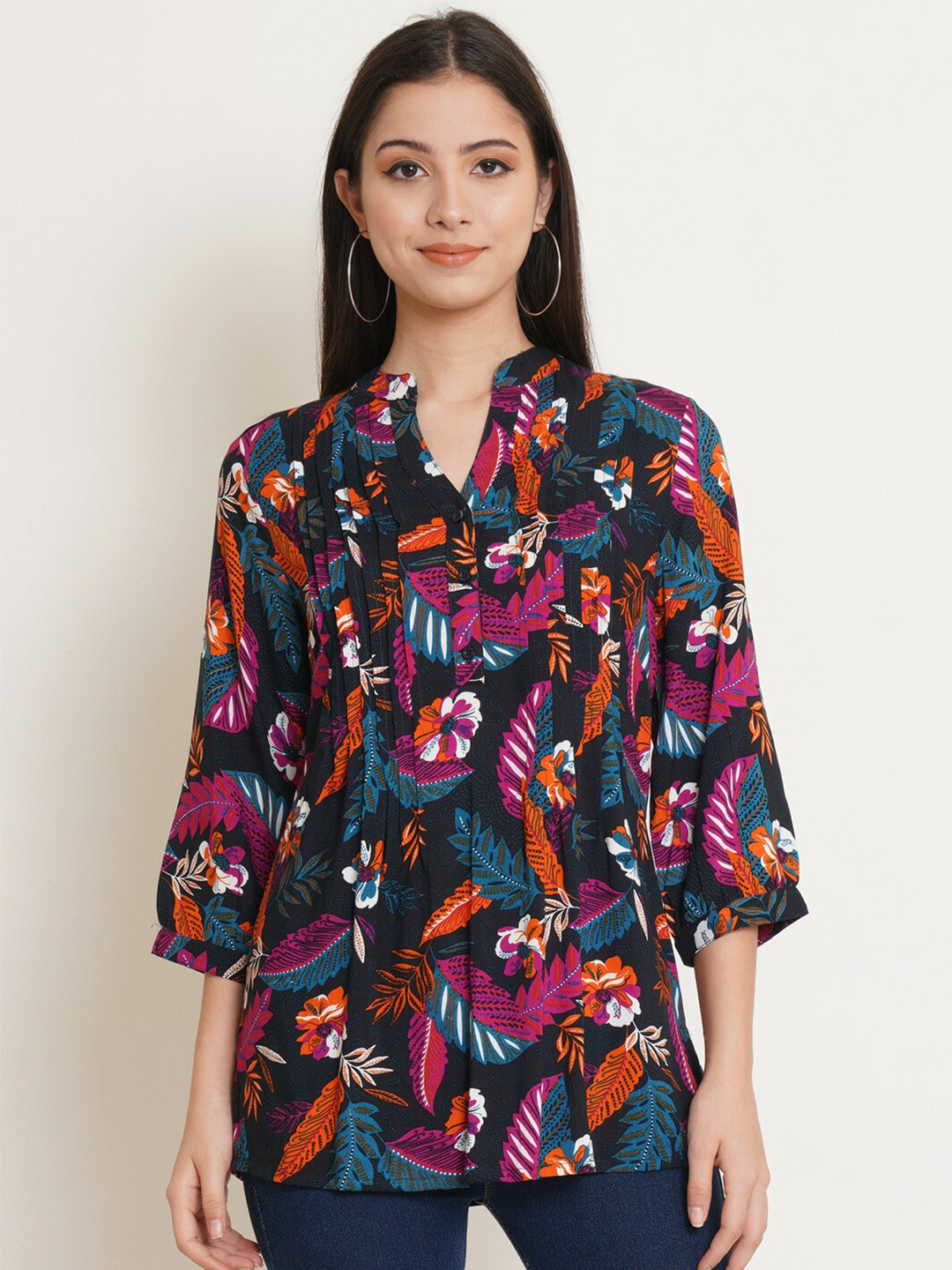 Women's Black Floral Print Mandarin Collar Monochrome Crepe Top