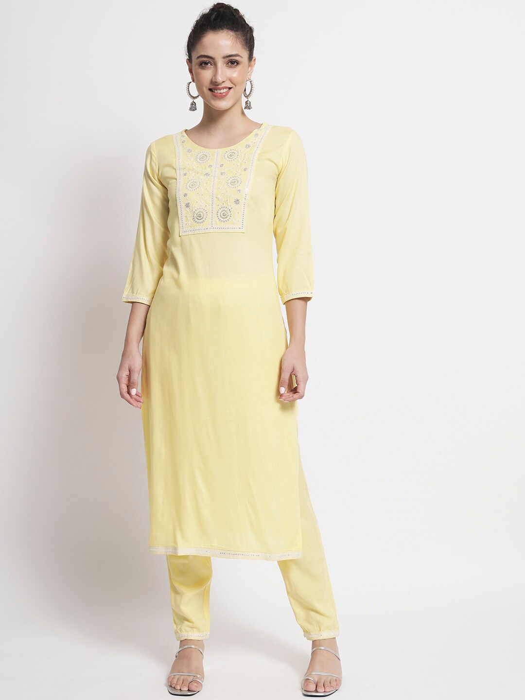 Buy BARKHA FAB Women Yellow Yoke Design Sequinned Kurta With Trouser ...