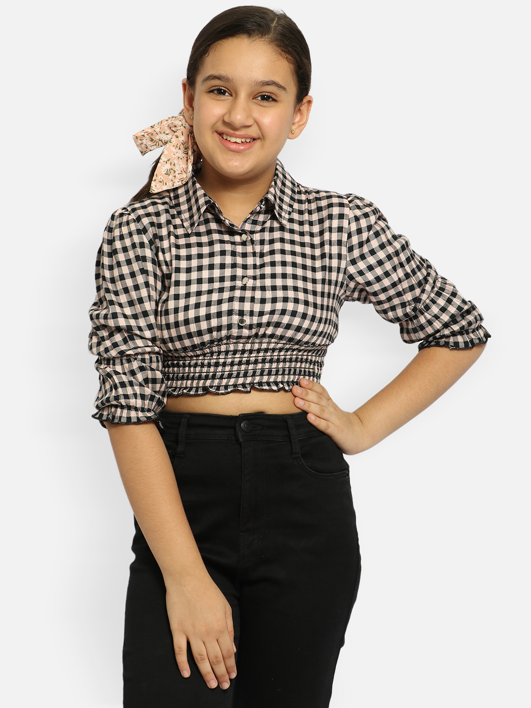 Natilene Girls Checked Pure Cotton Top With Shorts