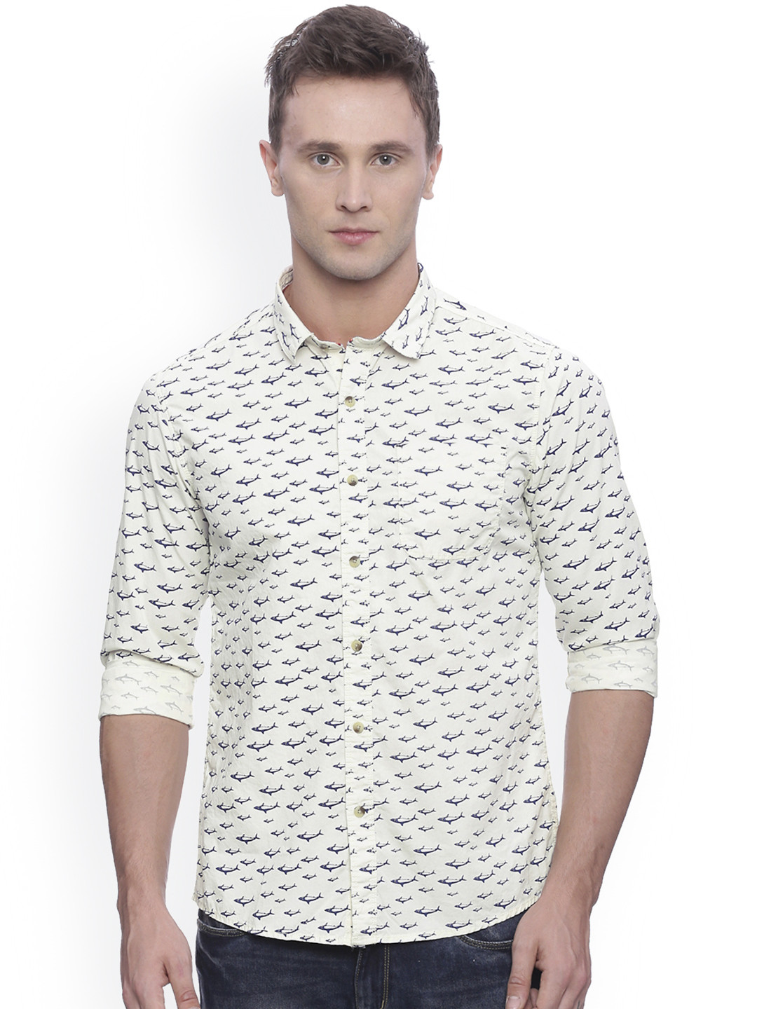 Buy People Men Cream Coloured Slim Fit Printed Casual Shirt Shirts