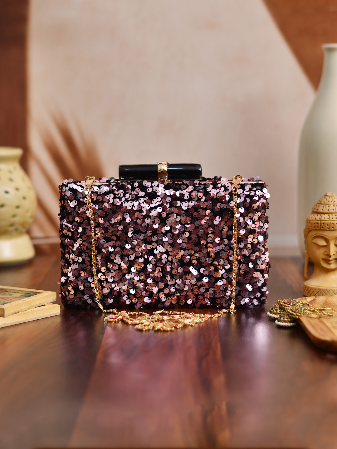 Green, Blue & Gold-Toned Embellished Envelope Clutch – Stylish Party Purse with Shoulder Strap