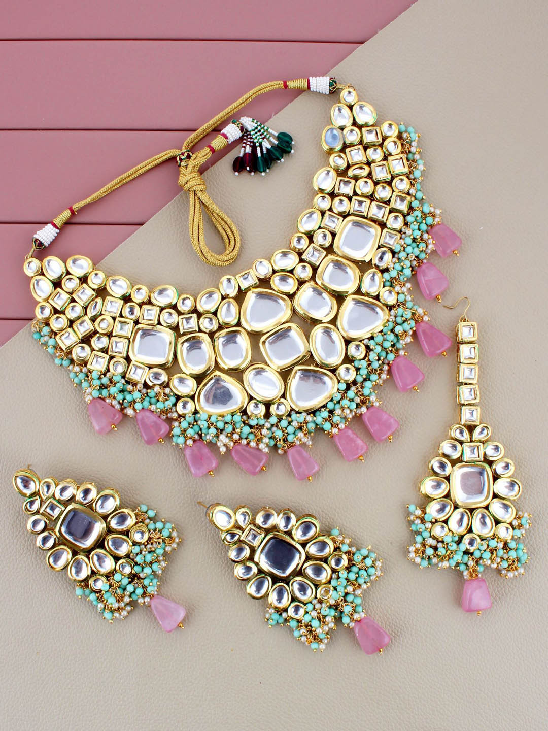 Buy LUCKY JEWELLERY Gold Plated Pink Kundan Studded & Beaded Jewellery