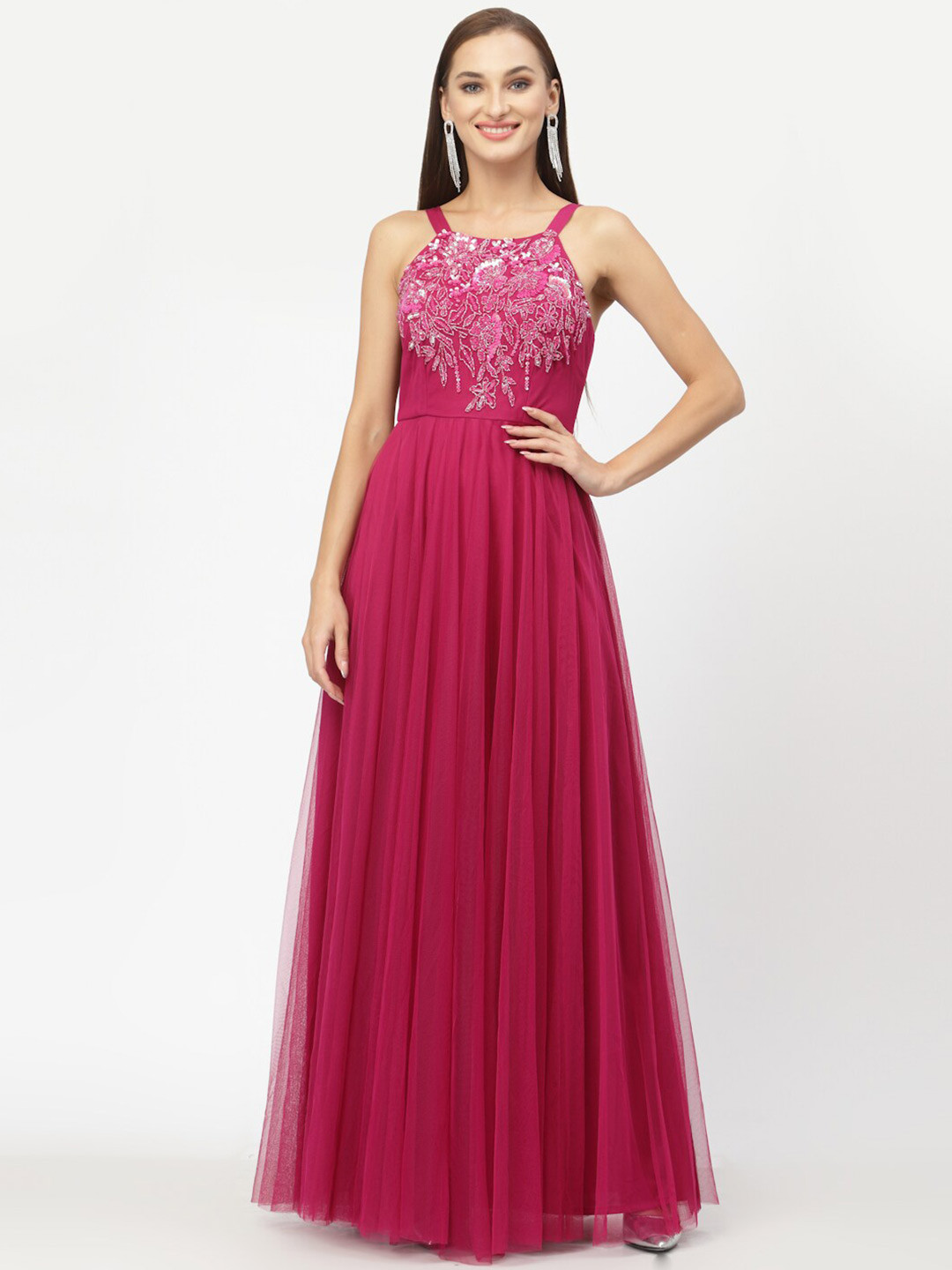 Lime Green Pink Embellished Net Maxi Dress