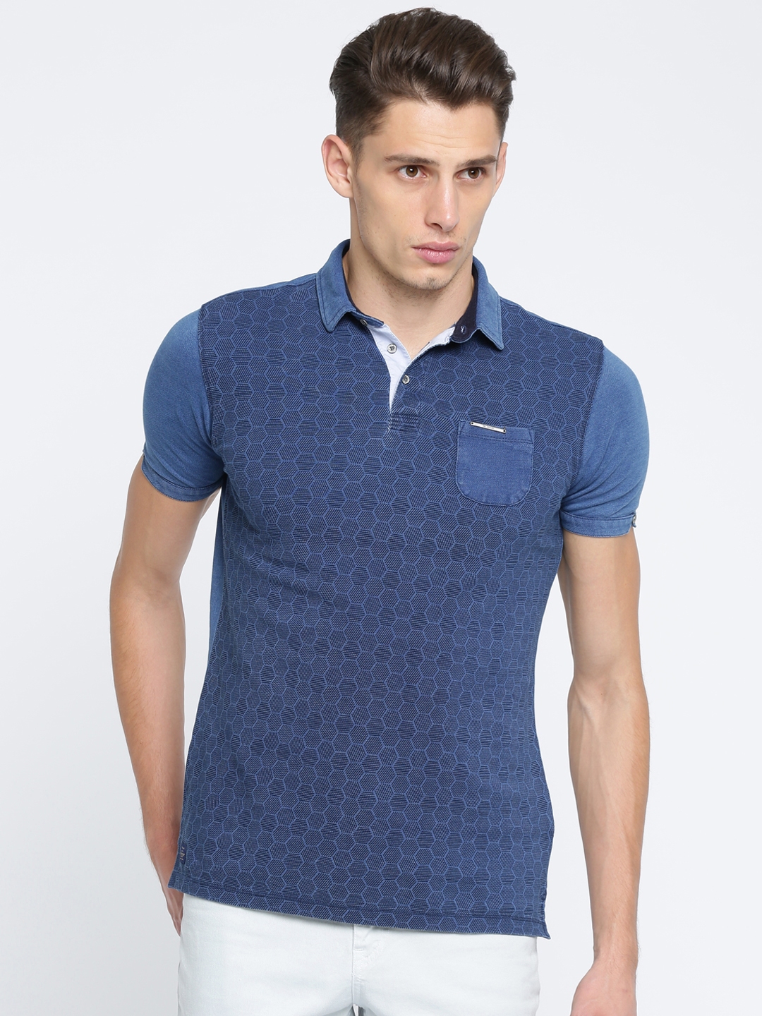 Buy Peter England Casuals Men Blue Self Design Polo Collar T Shirt ...
