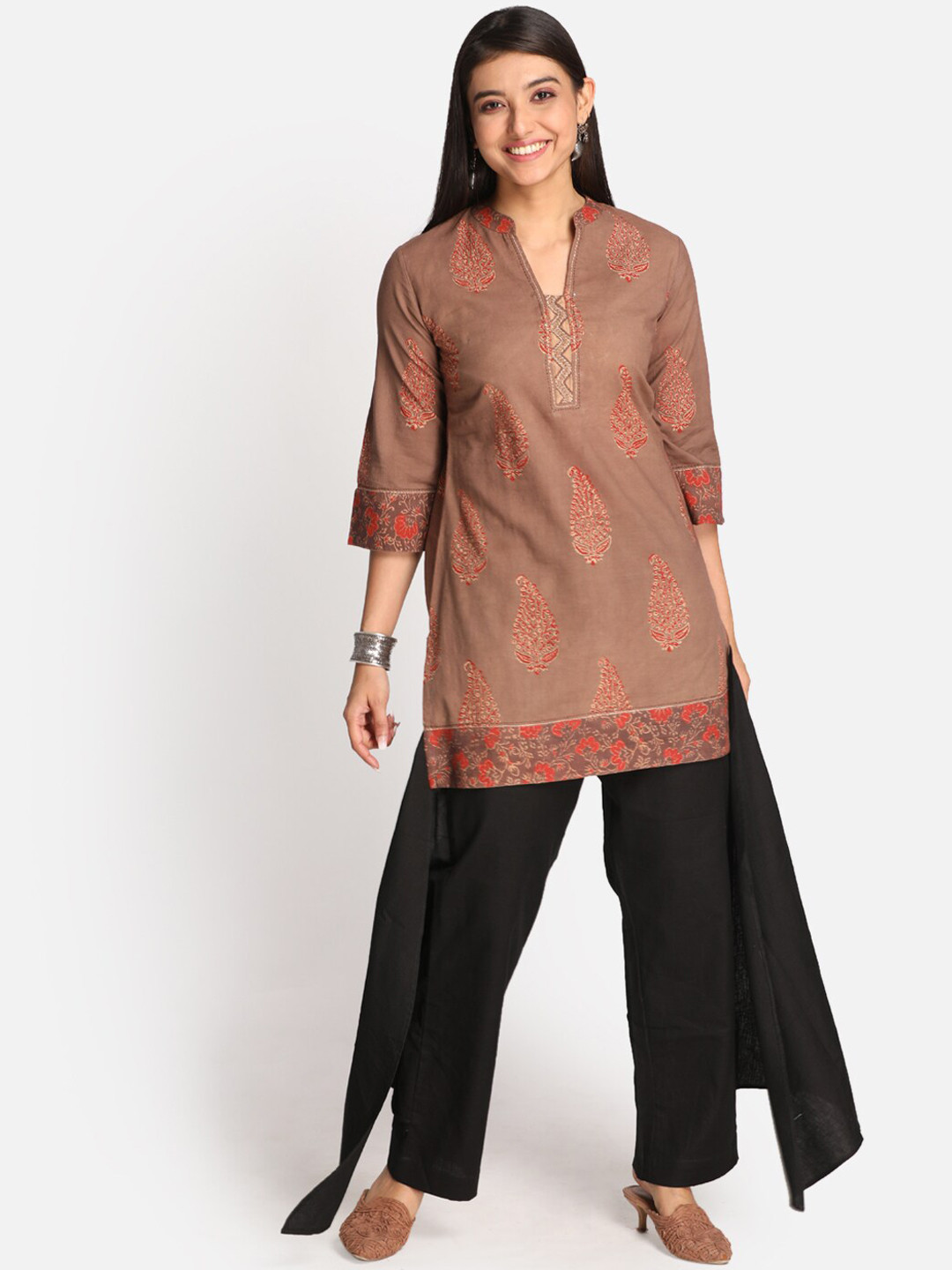 Buy Earthwear Women Brown Ethnic Motifs Printed Thread Work Kurta
