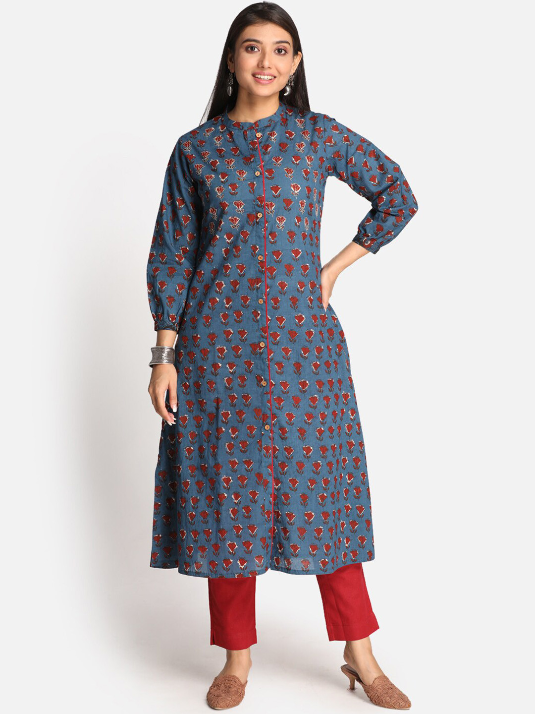 Buy Earthwear Women Blue Floral Printed A Line Cotton Kurta Kurtas
