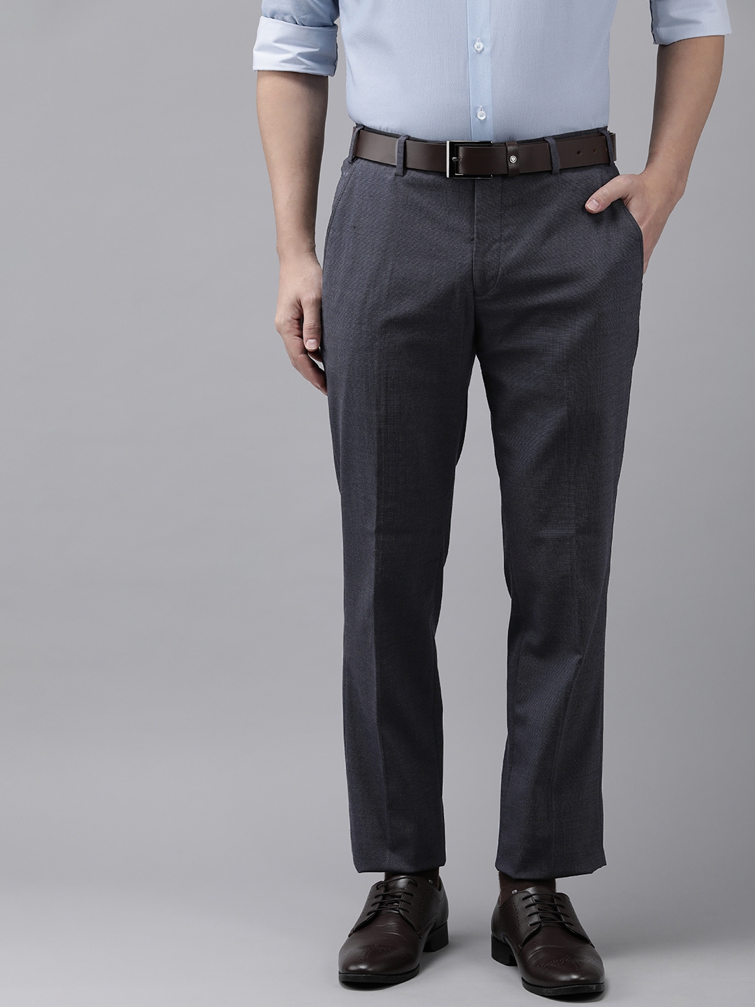Buy Park Avenue Men Blue Solid Mid Rise Smart Fit Formal Trousers ...
