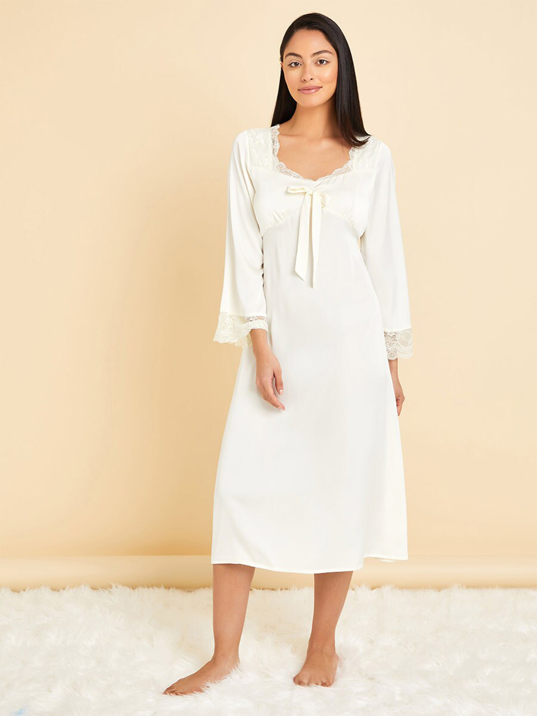 Buy Styli Cream Coloured Lace Insert Tie Front Satin Midi Nightdress Nightdress for Women