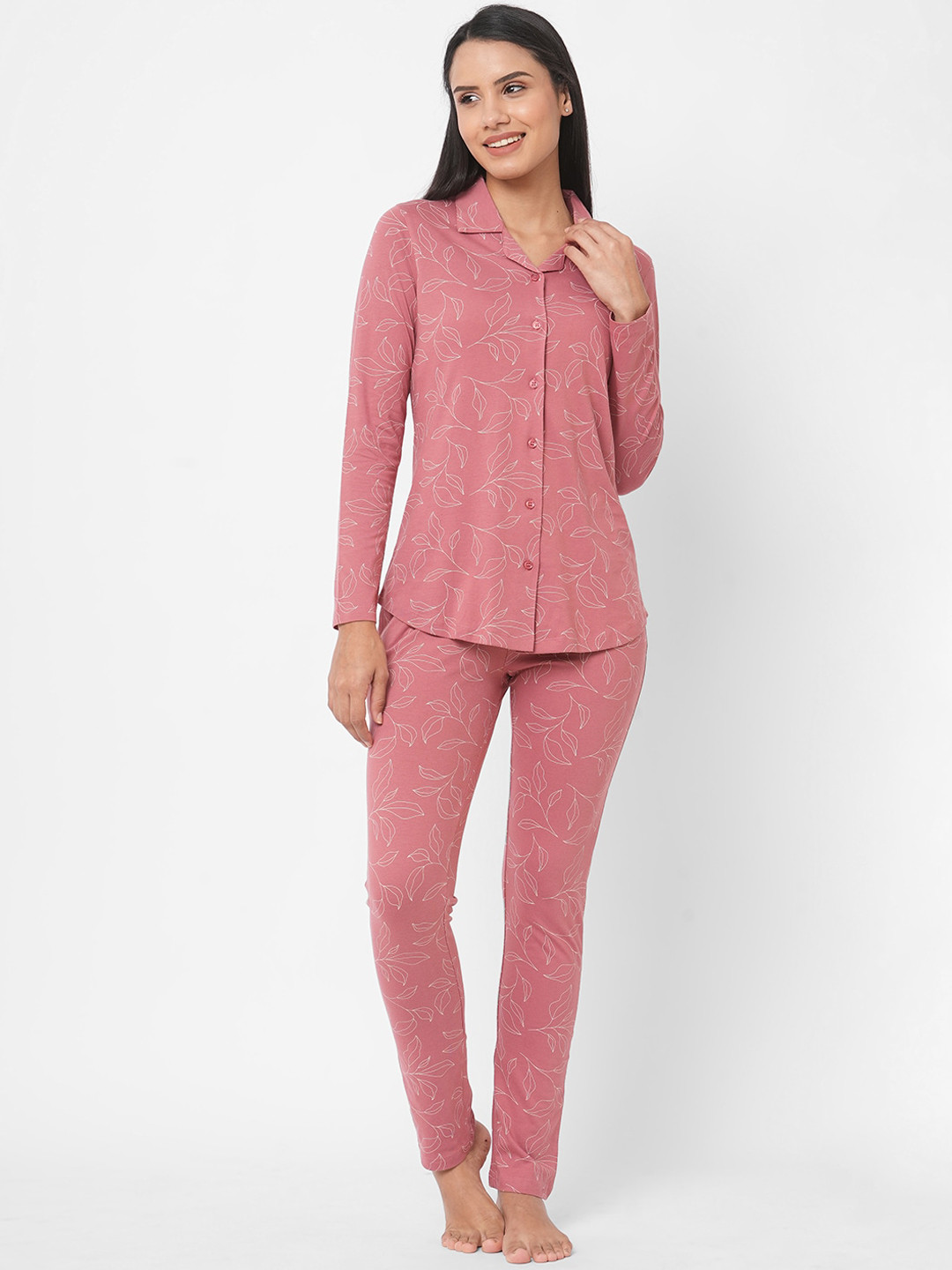 Buy SDL By Sweet Dreams Women Pink & White Printed Pure Cotton Night