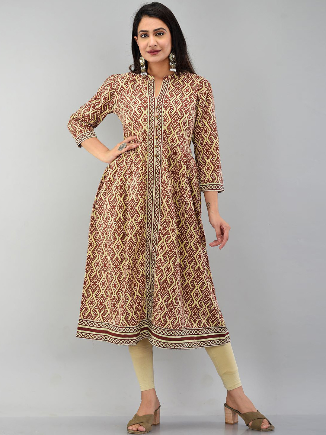 Women Beige Geometric Front Criss Cross Peplum Kurti