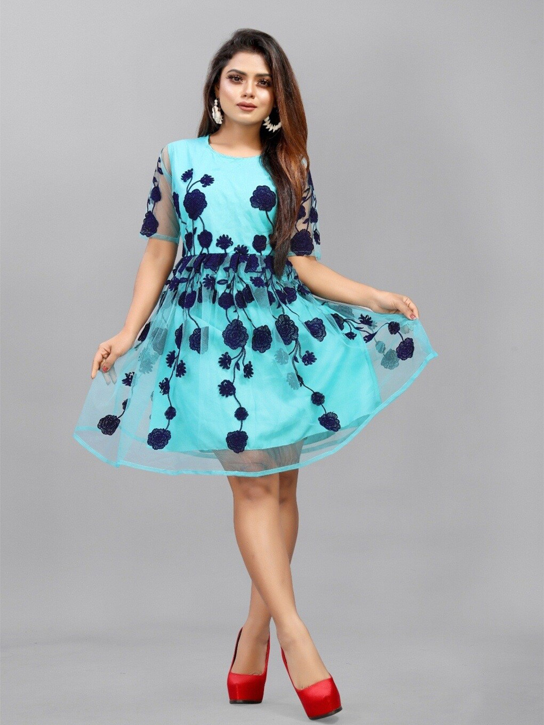 Buy APNISHA Women Teal & Black Floral Embroidered Net Dress Dresses