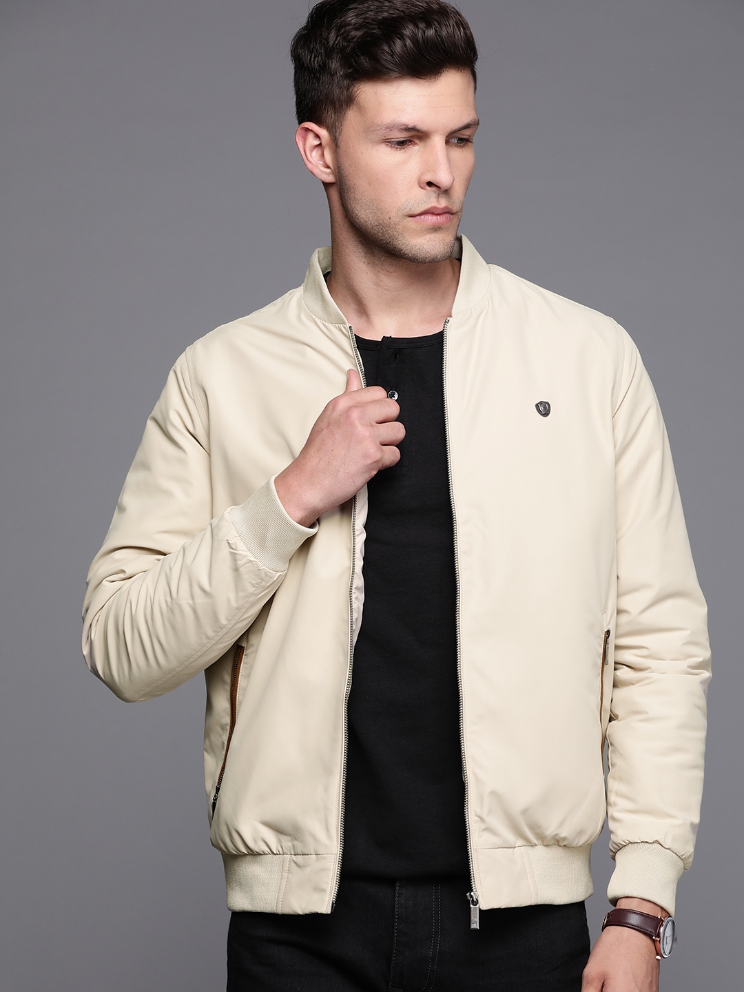 Buy Louis Philippe Men Off White Solid Bomber Jacket - Jackets for Men ...