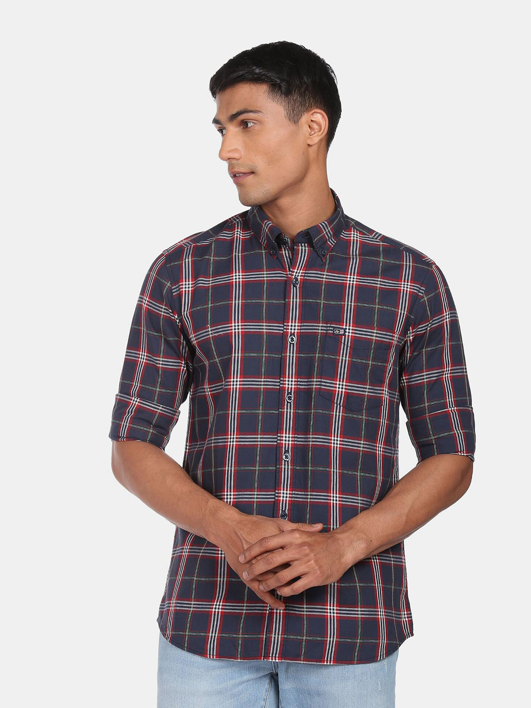 Men's Navy Blue Standard Slim Fit Tartan Checked Cotton Casual Shirt