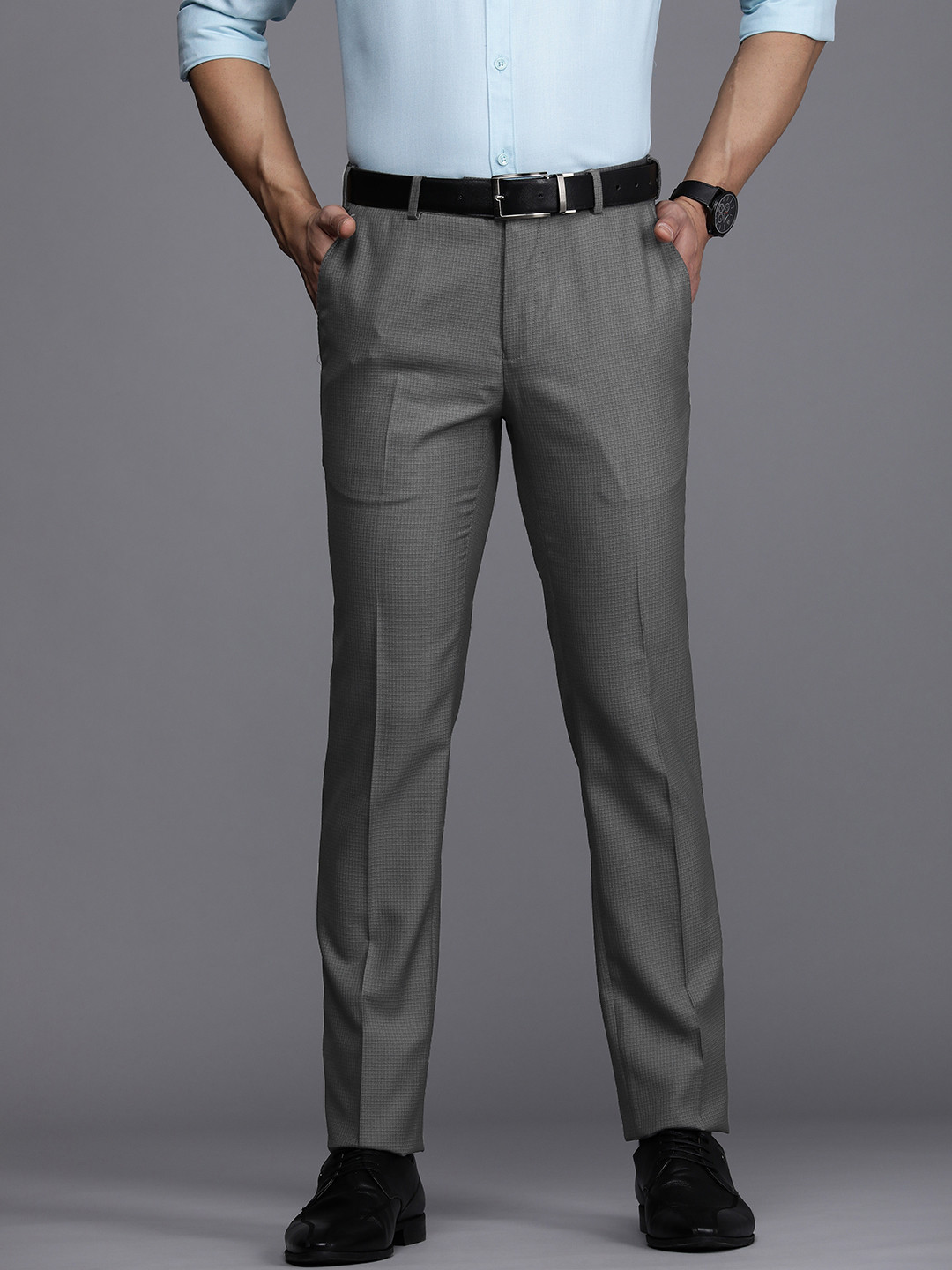 Buy Raymond Men Grey Checked Slim Fit Formal Trousers - Trousers for ...