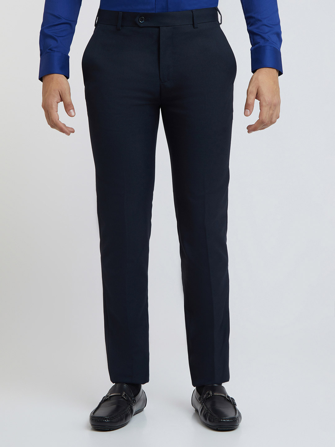 Buy Raymond Men Navy Blue Textured Slim Fit Formal Trousers - Trousers ...