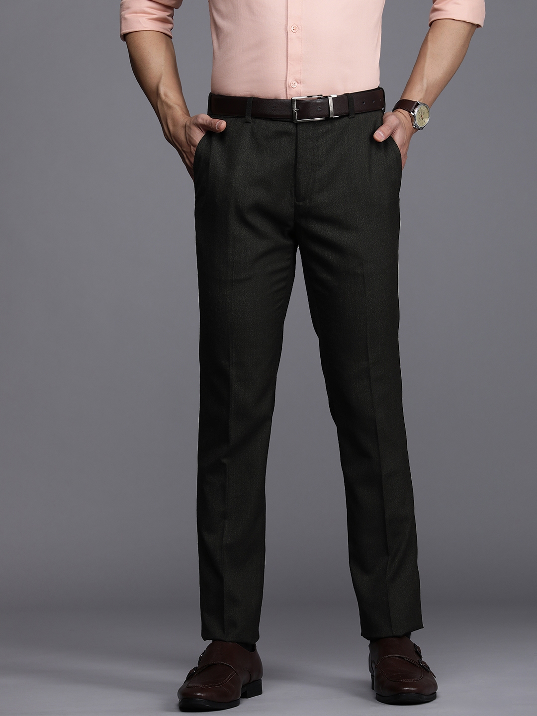 Buy Raymond Men Brown Solid Slim Fit Flat Front Formal Trousers ...