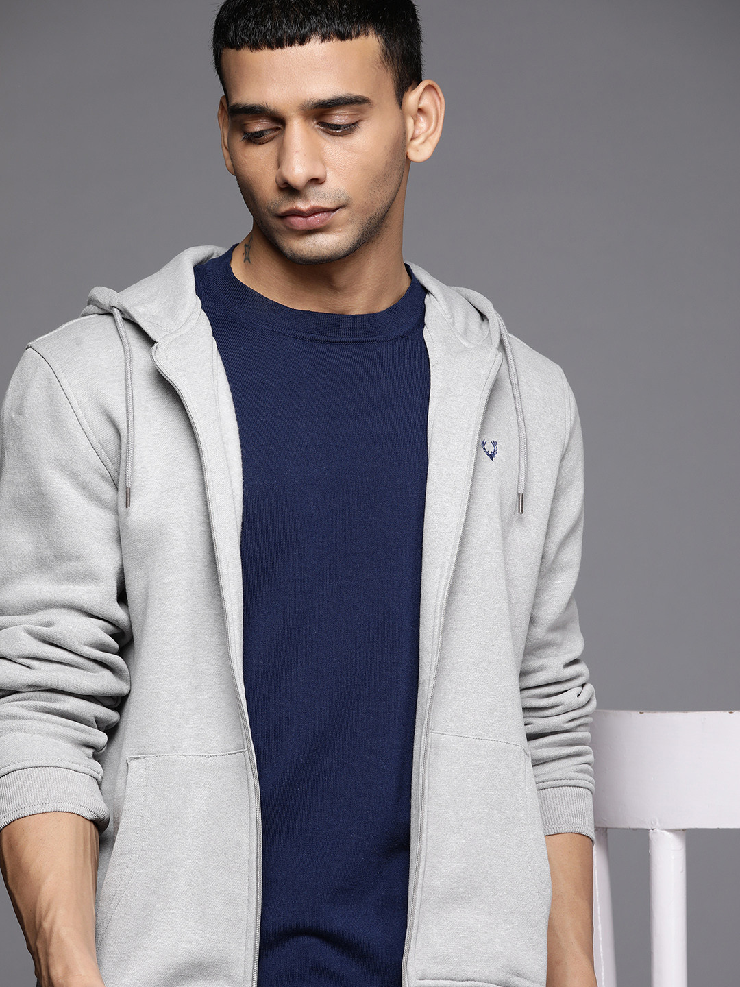 Buy Allen Solly Men Grey Melange Hooded Knitted Sweatshirt