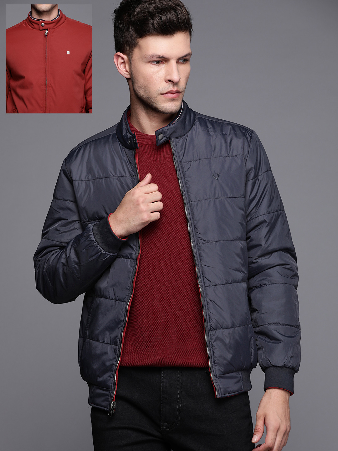 Buy Allen Solly Men Navy Blue & Red Solid Reversible Bomber Jacket
