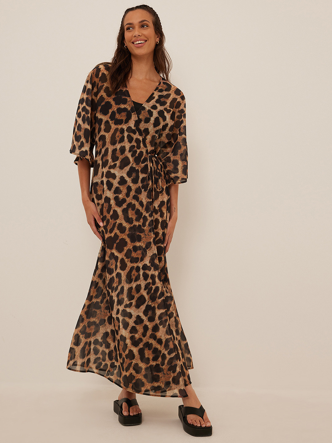 1210618 Brown Leopard Print Wrap Dress