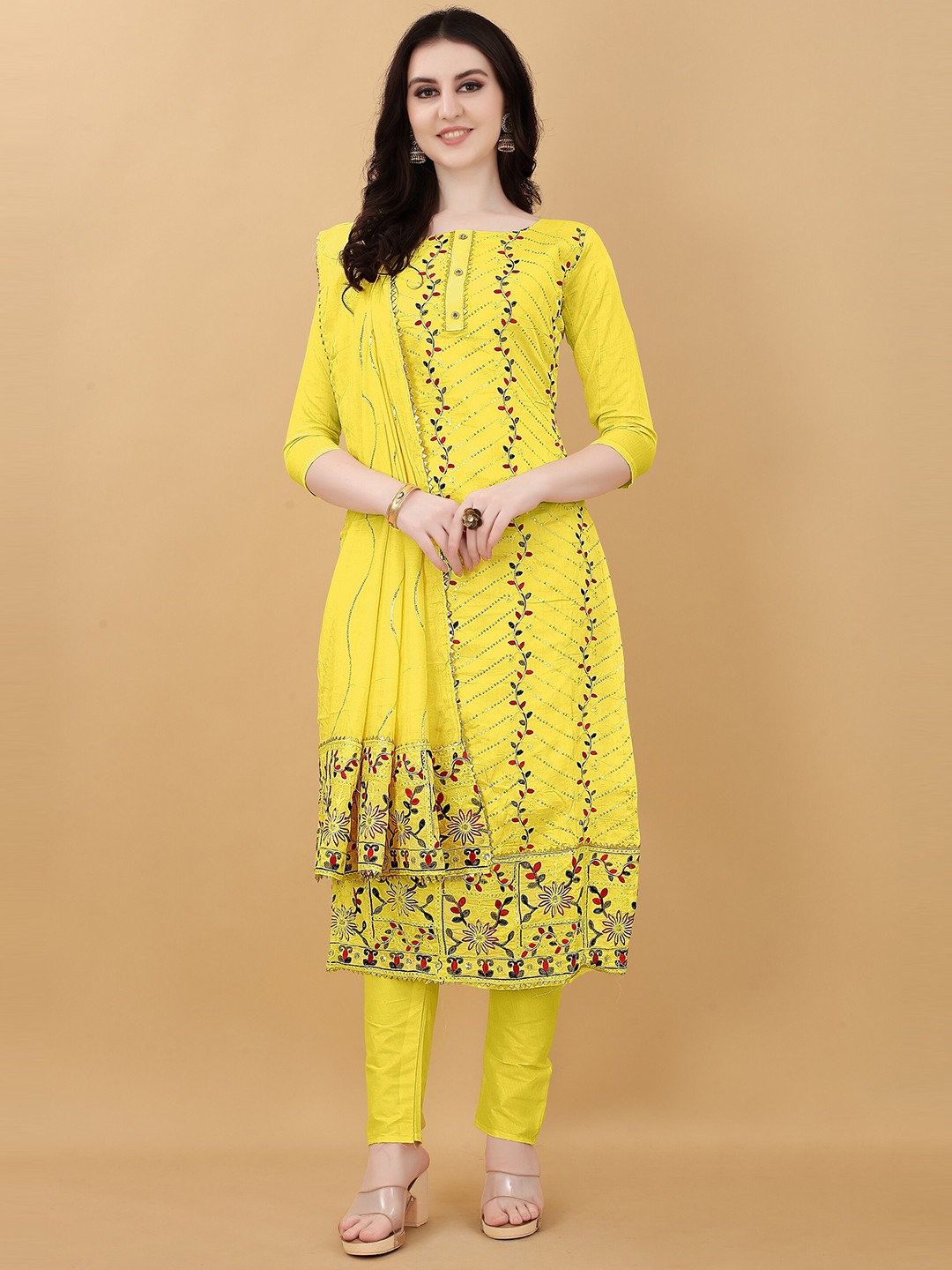 Buy APPLIX STYLE Yellow & Red Embroidered Unstitched Dress Material