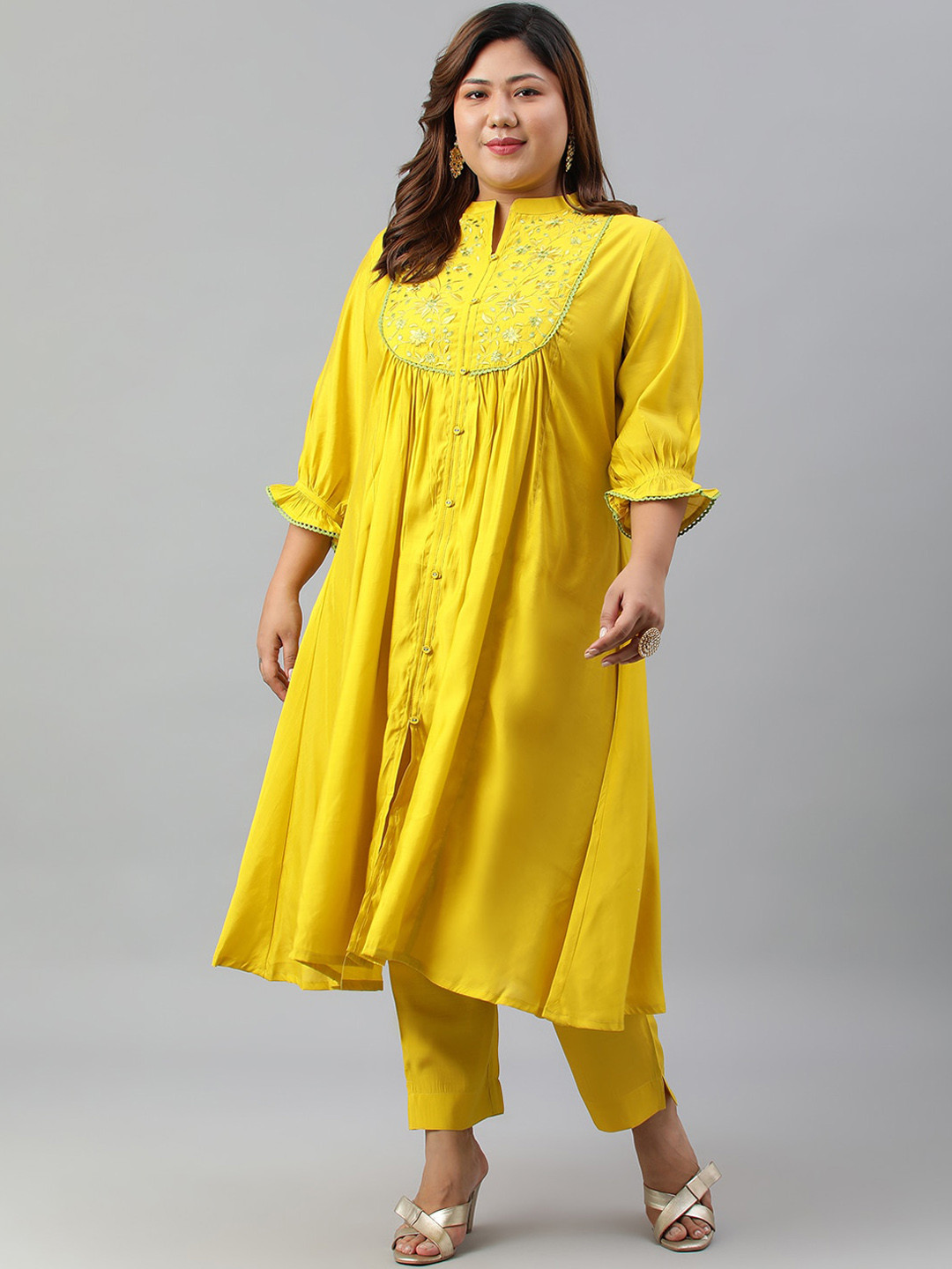 Buy XL LOVE By Janasya Women Plus Size Yellow Poly Silk Kurta With Pant