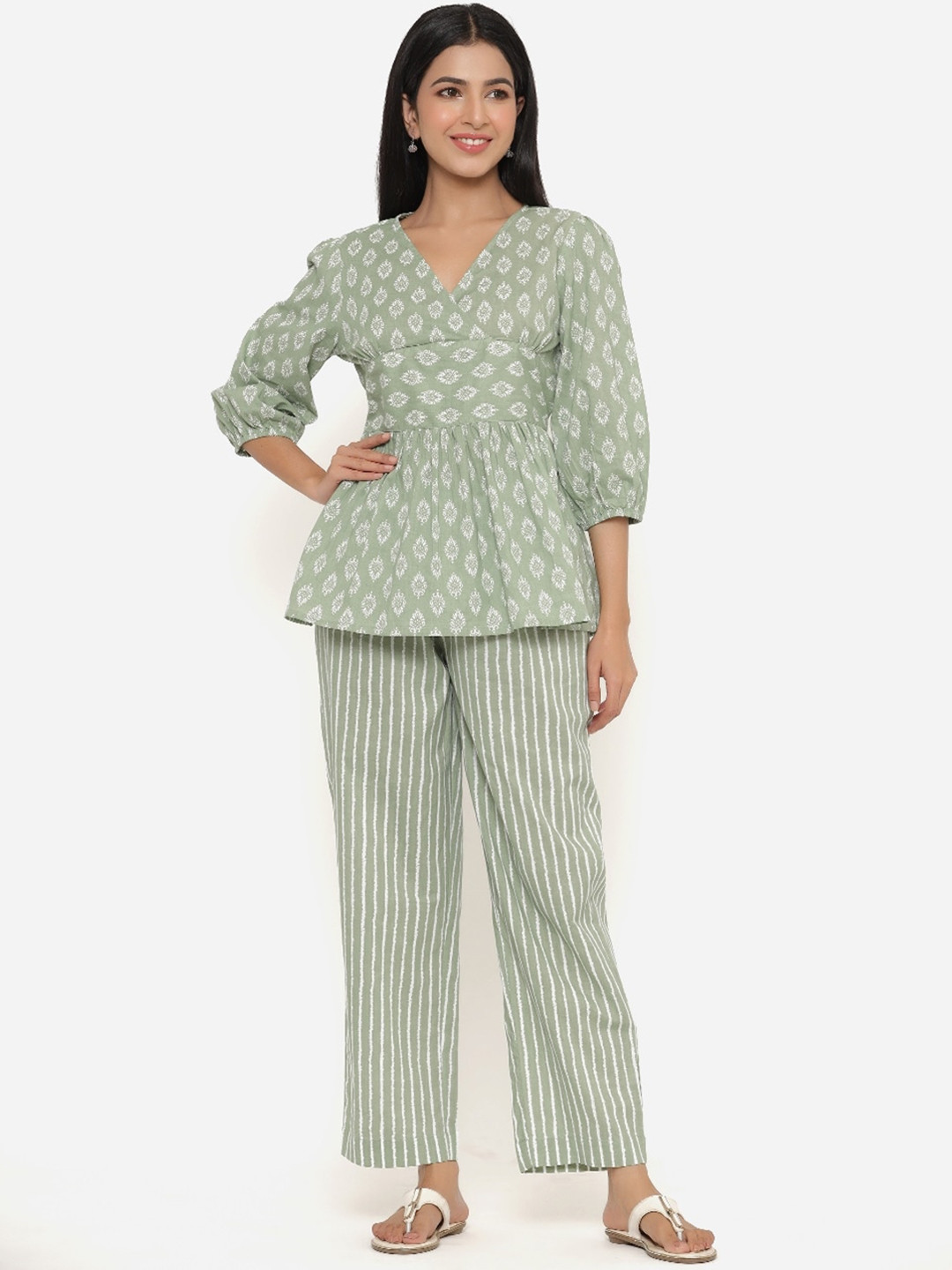 Lime Green Ethnic Motifs Printed Cotton Kurta Set for Women – Kurta with Striped Palazzos | Indiaista