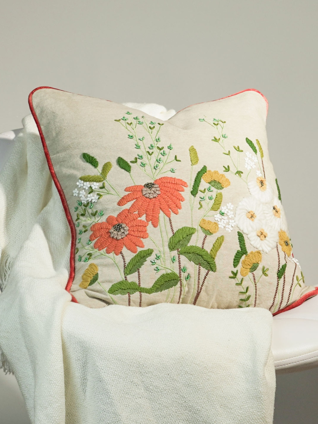 Buy Haus & Kinder White & Orange Embroidered Square Cushion Cover
