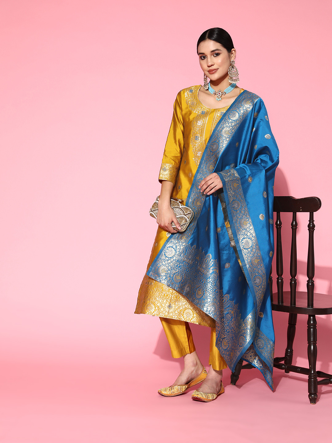 Indo Era Mustard Woven Design Straight Kurta Trousers With Dupatta set