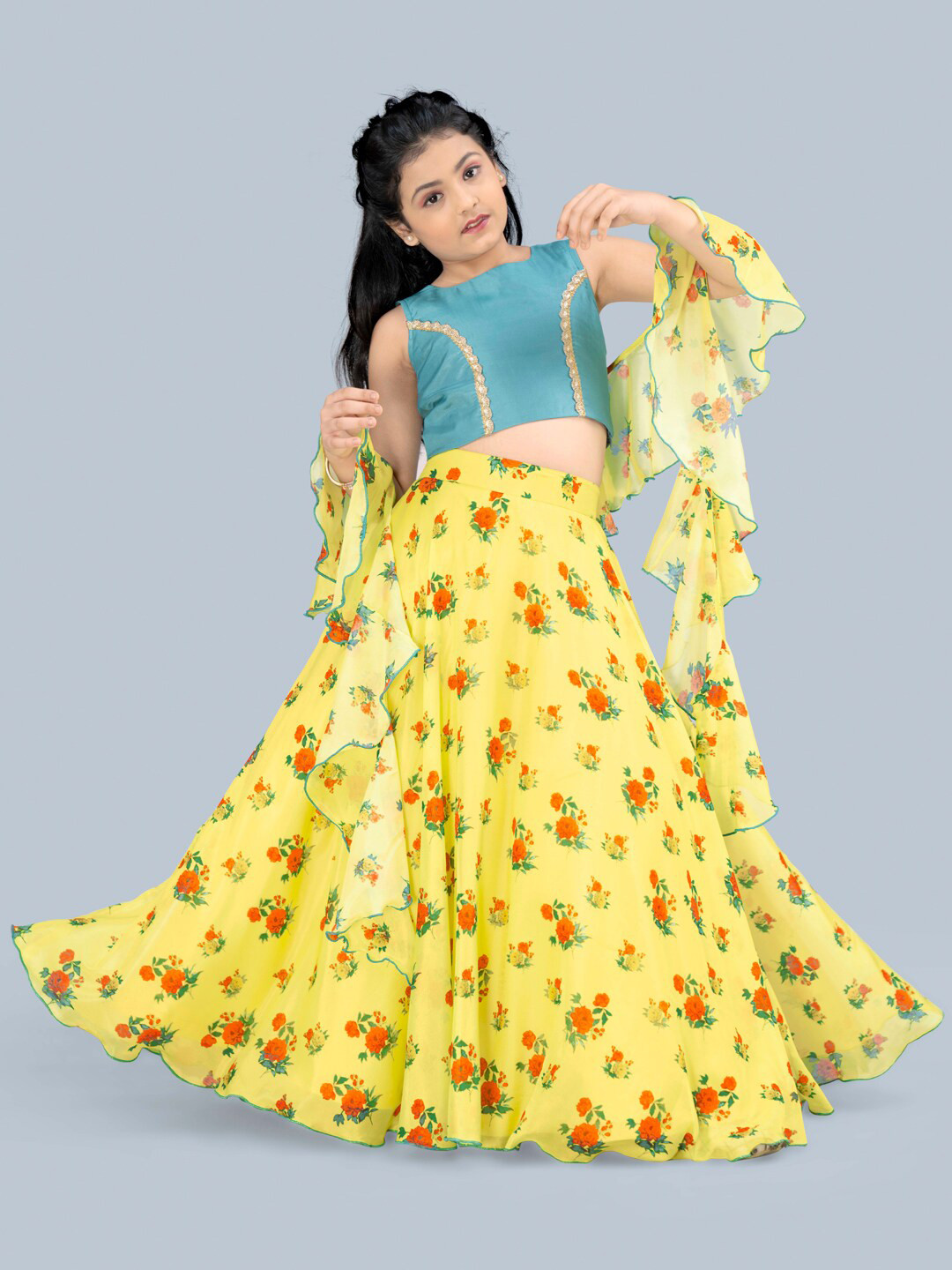 Girls Yellow & Red Printed Ready To Wear Lehenga & Blouse With Dupatta