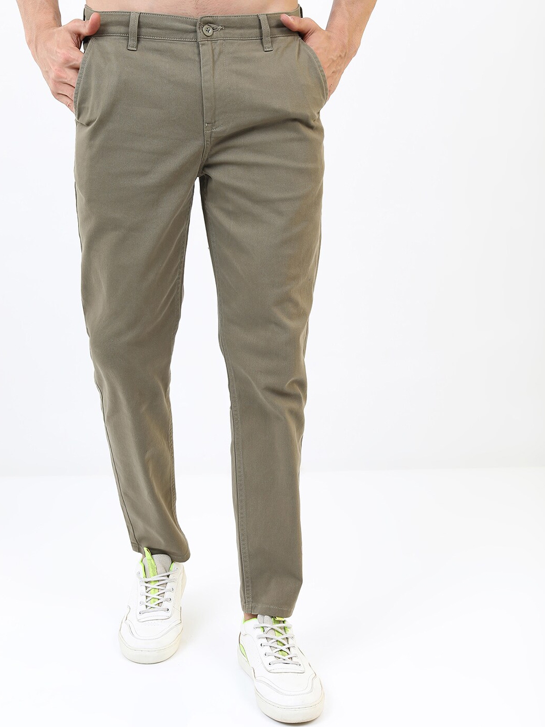 Buy HIGHLANDER Men Olive Green Solid Tapered Fit Chinos Trousers ...