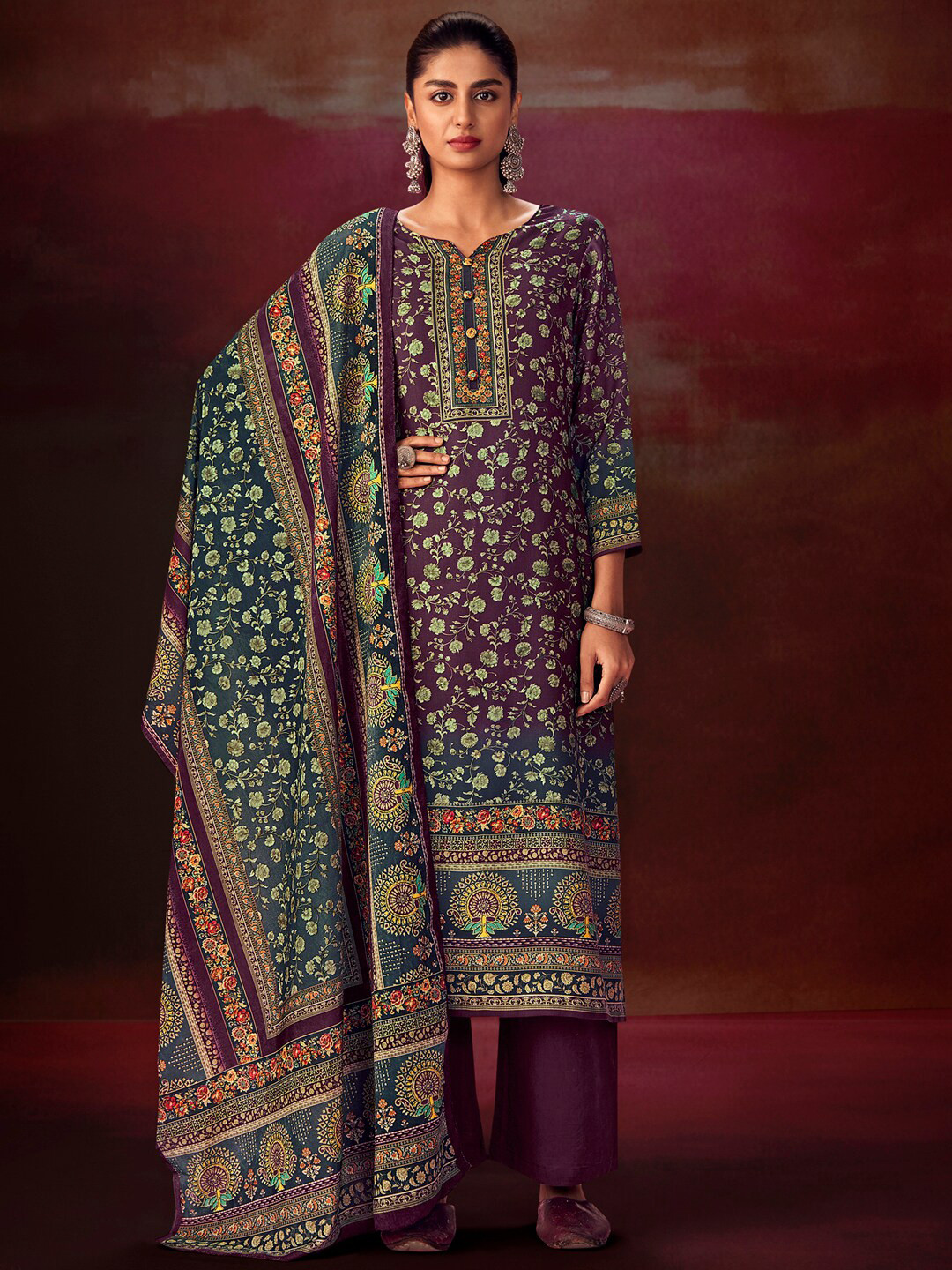 Buy Stylee LIFESTYLE Maroon & Blue Printed Unstitched Dress Material