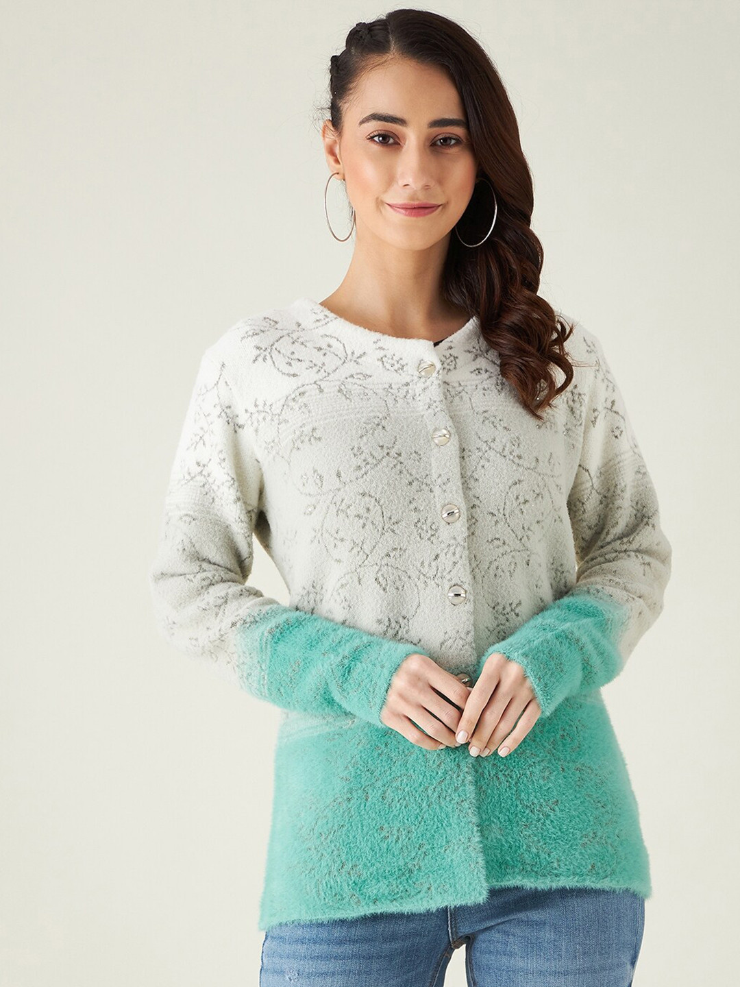 Buy Modeve Women Off White & Sea Green Front Open Sweater Sweaters