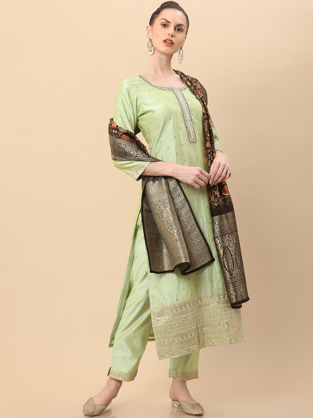 Green Embroidered Chanderi Cotton Straight Kurta