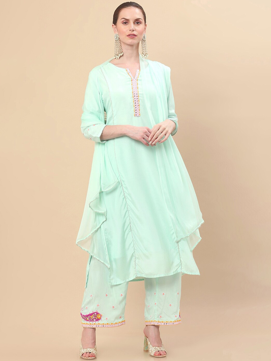 Women's Straight Sea Green Solid Kurta Sets with Trousers & Dupatta