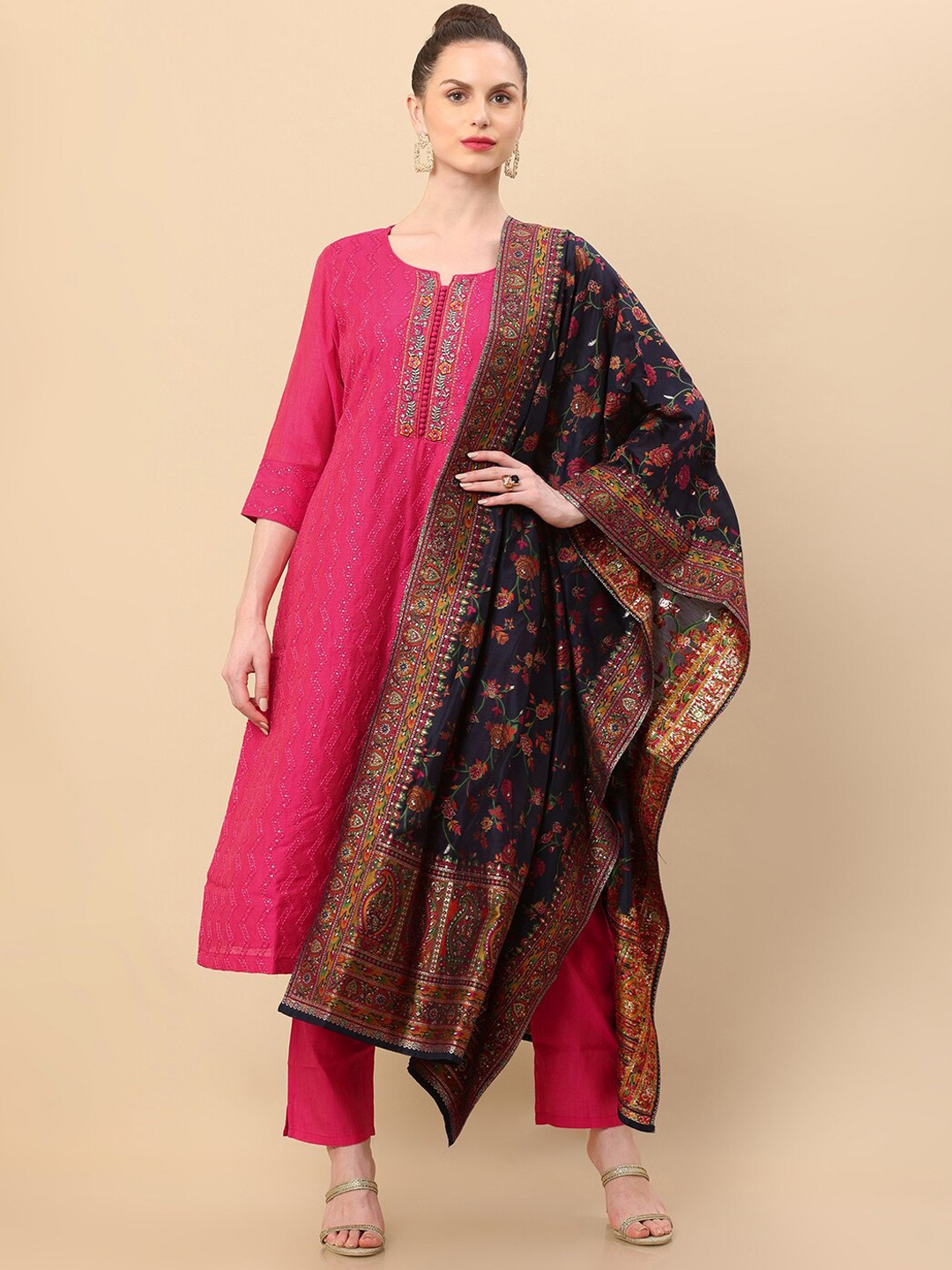 Women Silk Blend Fuchsia Embroidered Kurta Trouser Dupatta