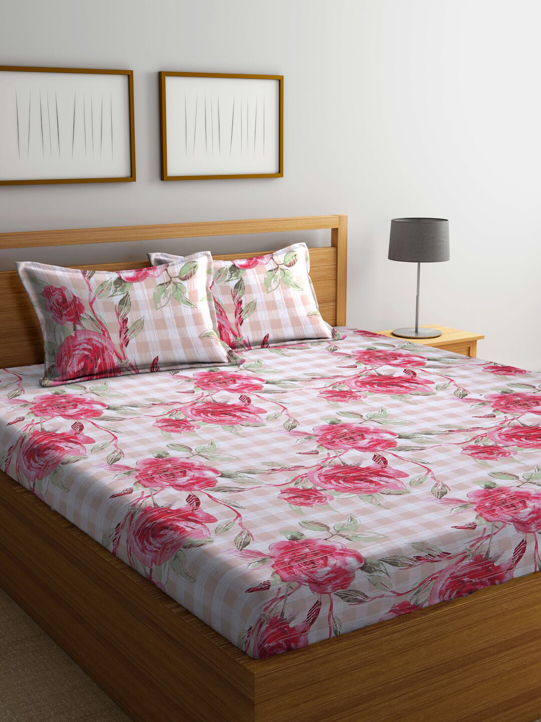 Buy BOMBAY DYEING White & Red Floral Cotton 120 TC King Bedsheet With 2