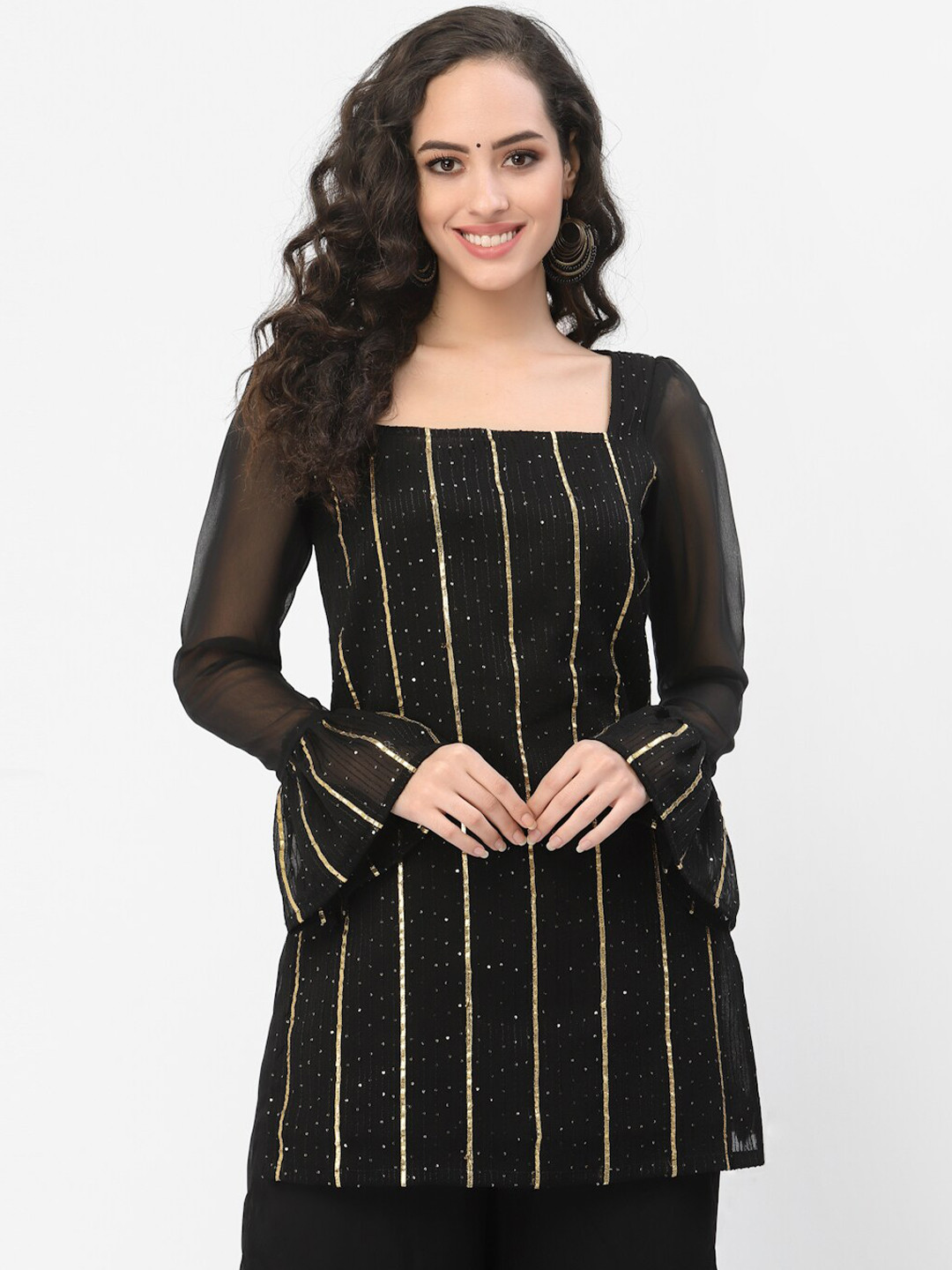 Buy Studio Rasa Black Embroidered Square Neck Sequinned Sequinned Kurti ...