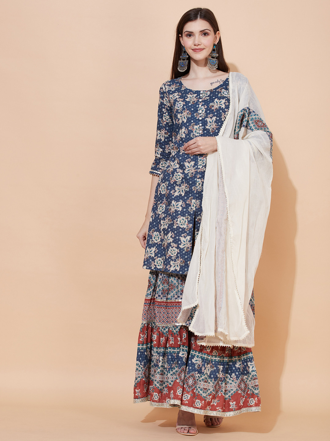 Girls Yellow Floral Printed Gotta Patti Pure Cotton Top With Dhoti Pants