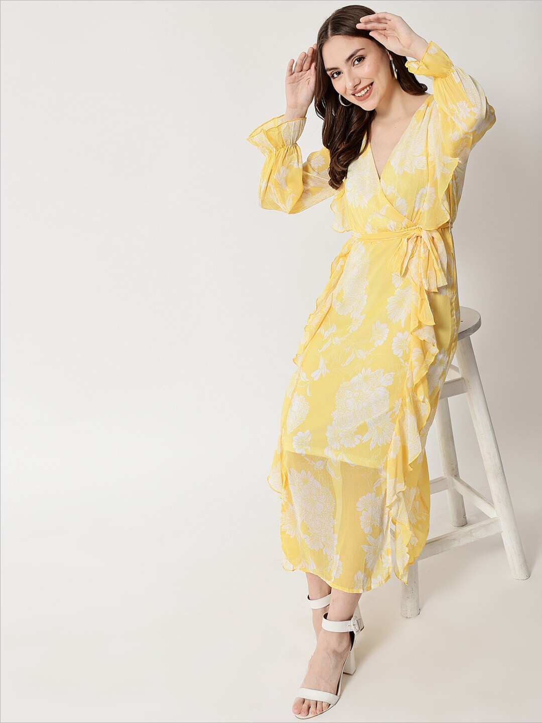 Buy HERE&NOW Yellow Floral Printed Chiffon Maxi Dress - Dresses for ...
