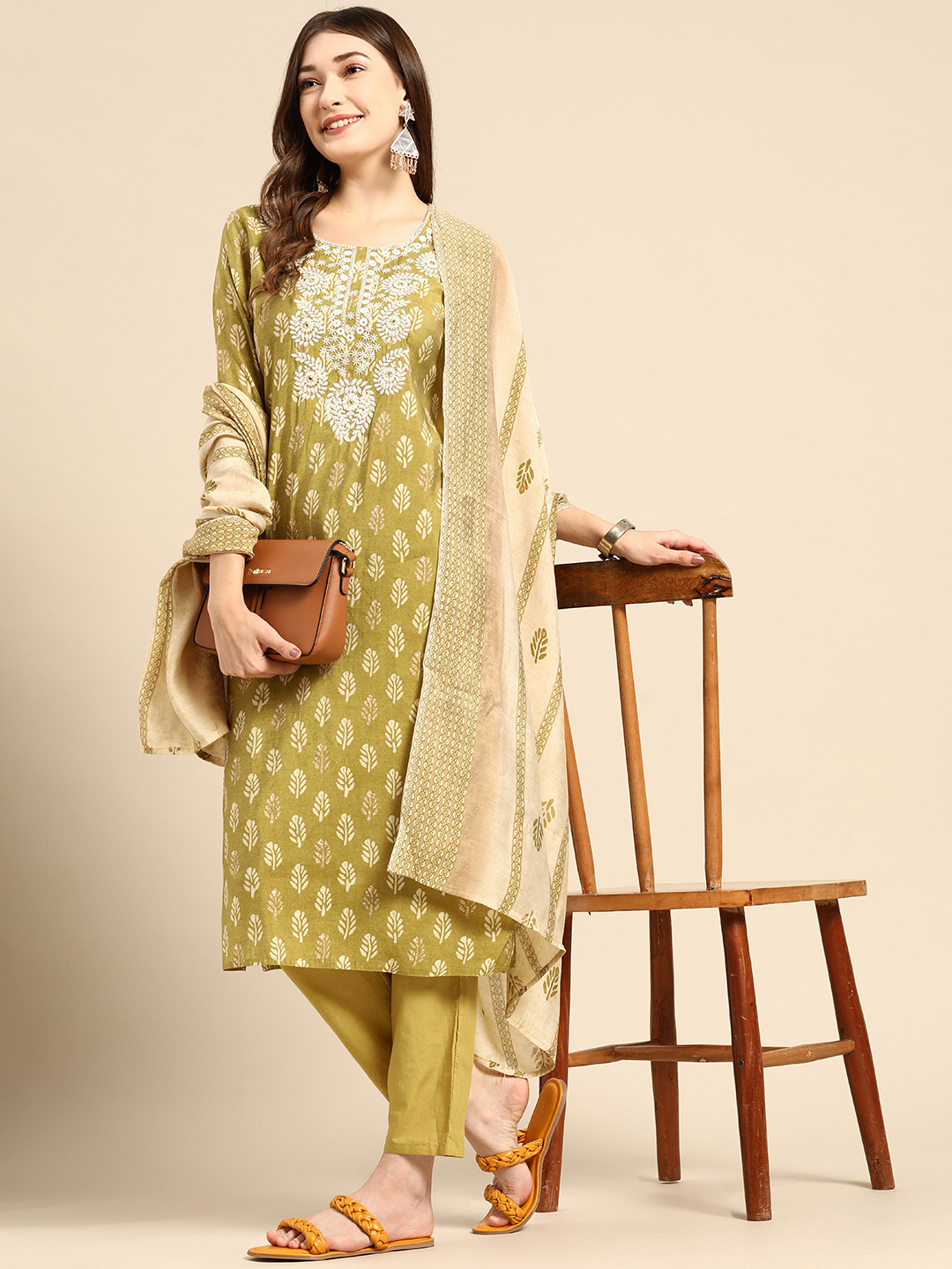 Lime Green Ethnic Motifs Printed Cotton Kurta Set for Women – Kurta with Striped Palazzos | Indiaista main image 1