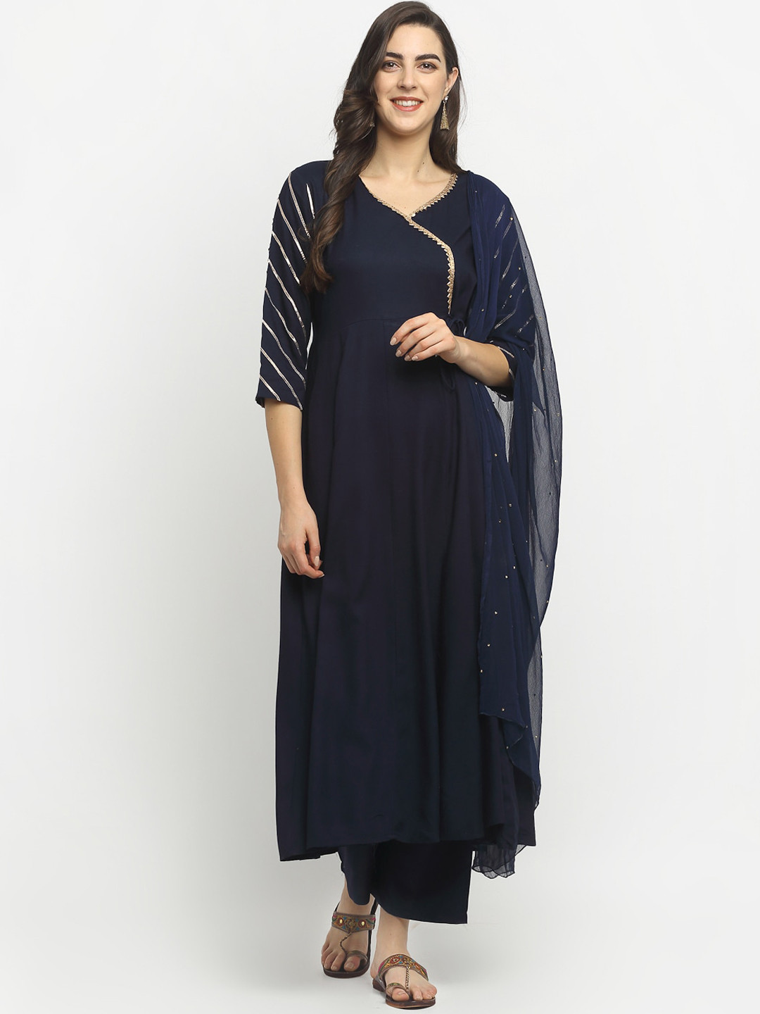 Girl Angarkha Kurta Set- Navy Blue