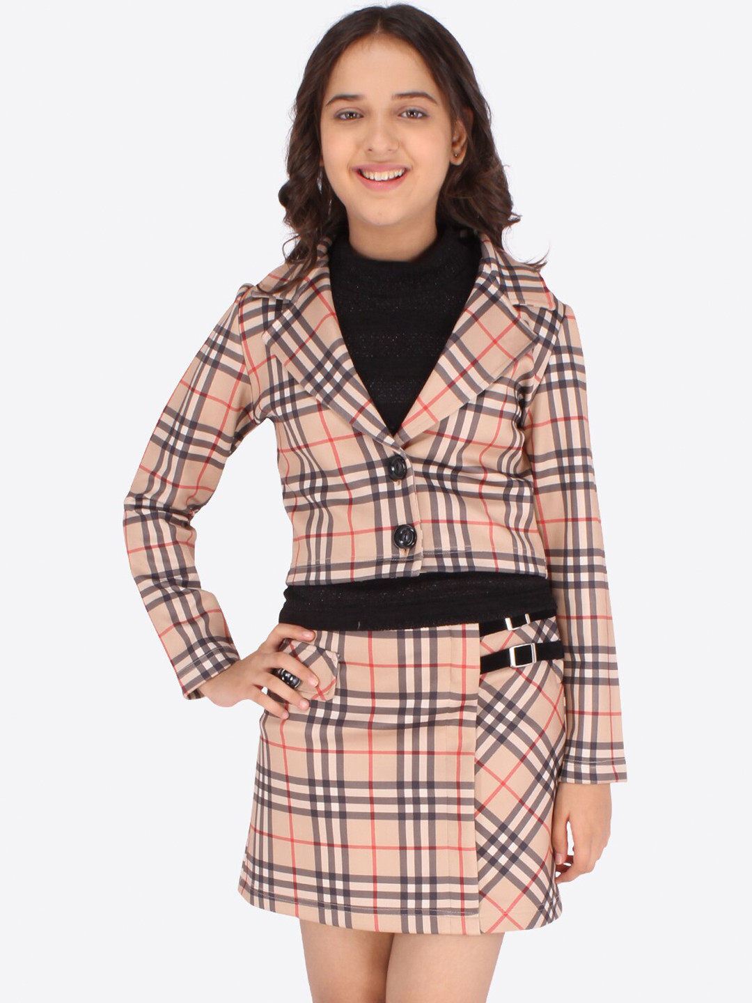 Girls’ Skin & Black Checkered Top with Floral Embroidery and Leggings Set