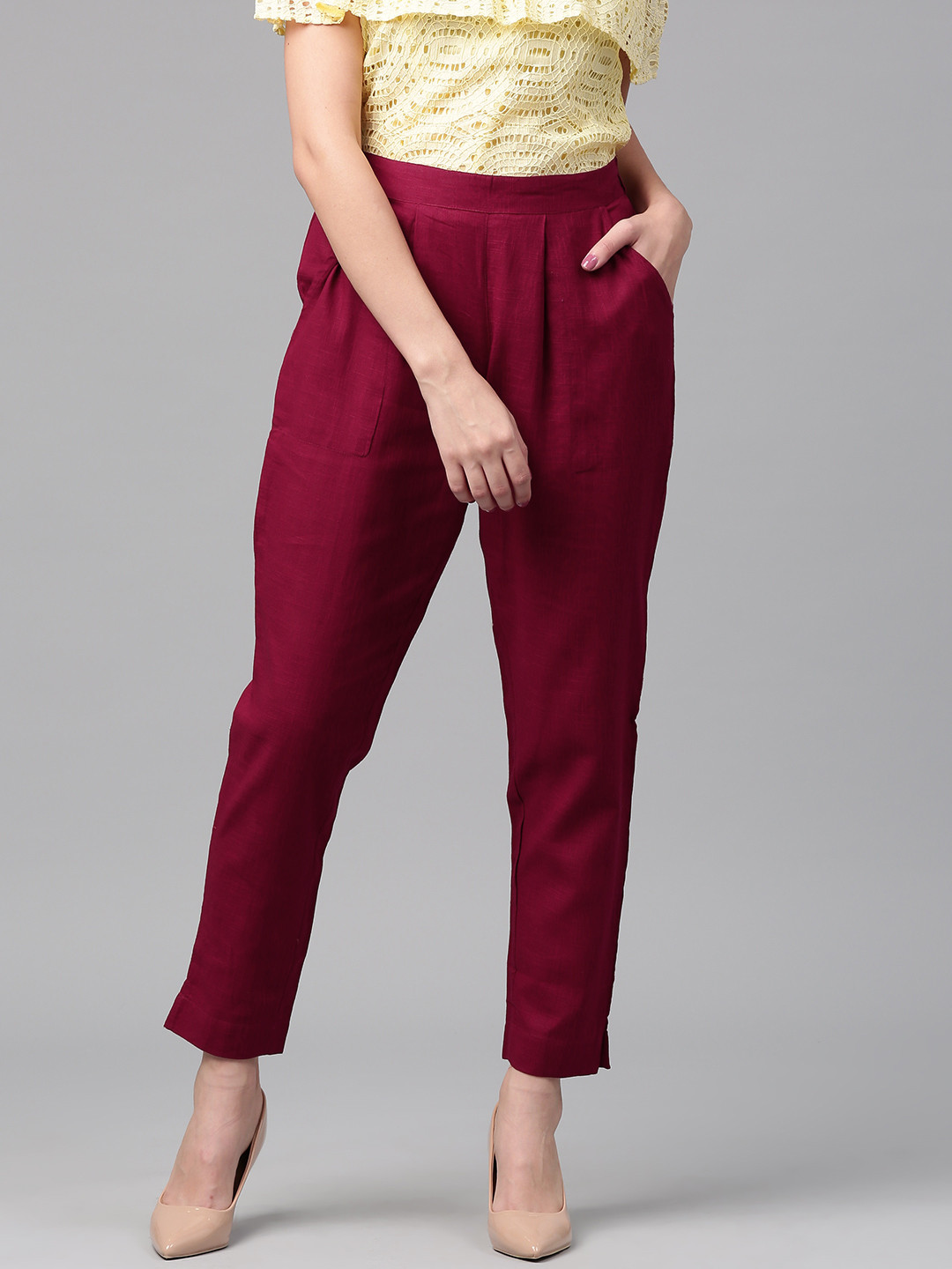 Buy Jaipur Kurti Women Maroon Solid Trousers Trousers for Women