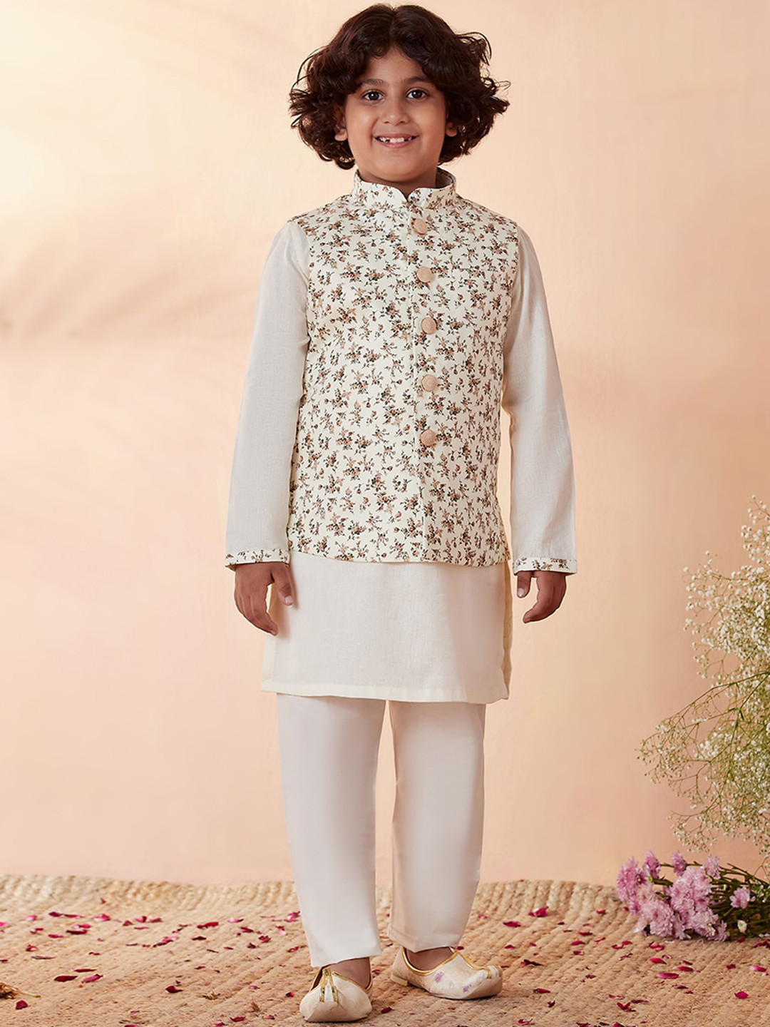 Nautinati Boys Multicolour Linen Floral Print Full Sleeve Ethnic Kurta-Pyjama